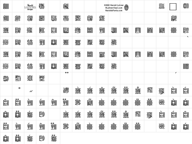 Radio Regular  glyph index