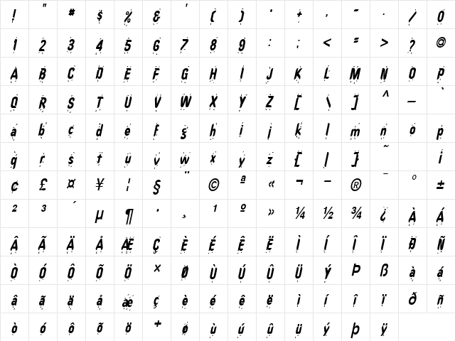 HotStuff-Condensed Italic  glyph index