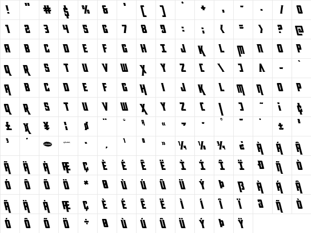 Kondor Leftalic Italic  glyph index