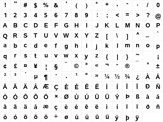 Albany Bold  glyph index