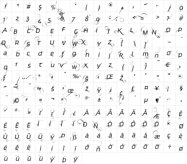 Ginger-LightFlamboyant Regular  glyph index