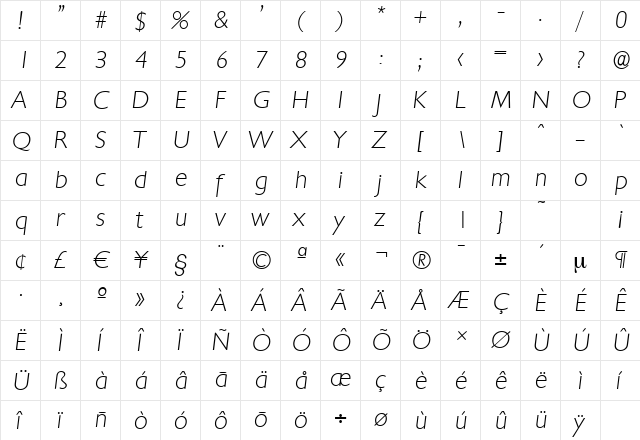 ChantillySerial-Xlight Italic  glyph index