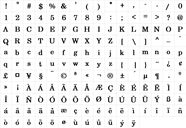 Cranbrook Bold  glyph index