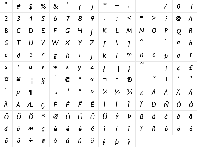 URWGalaxieNo2T Italic  glyph index