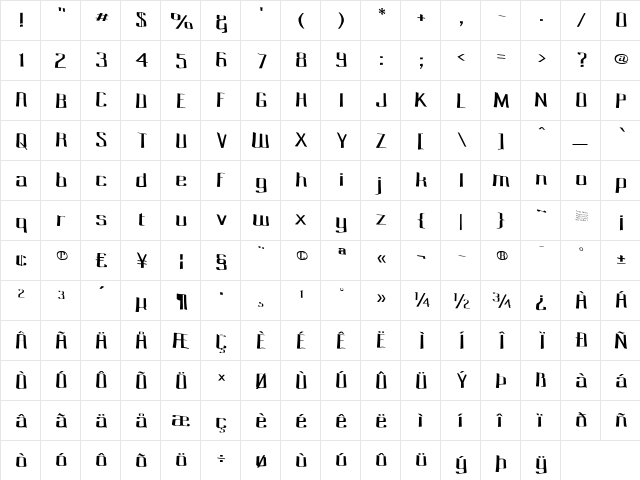 Pecot Spacewarp Regular  glyph index