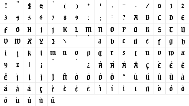 JMH Beda Regular  glyph index