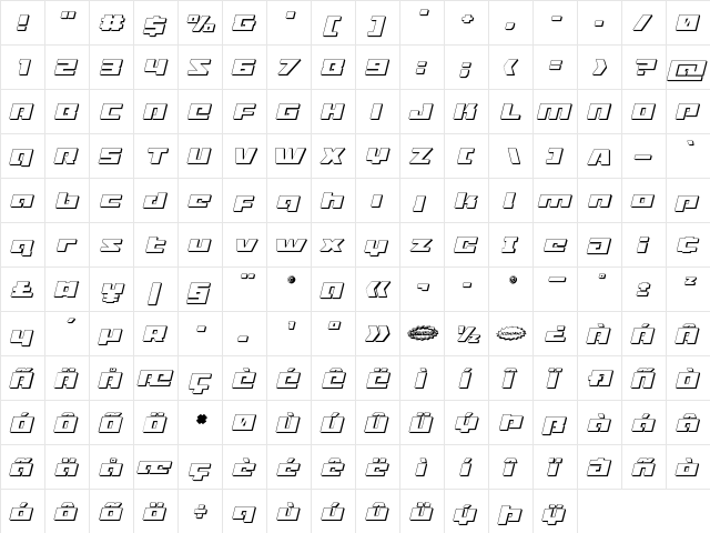 Turbo Charge 3D Italic Italic  glyph index