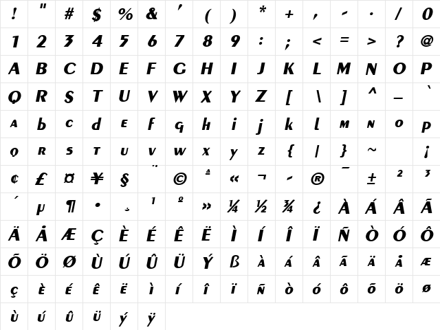 Pelicent Bold-Oblique  glyph index