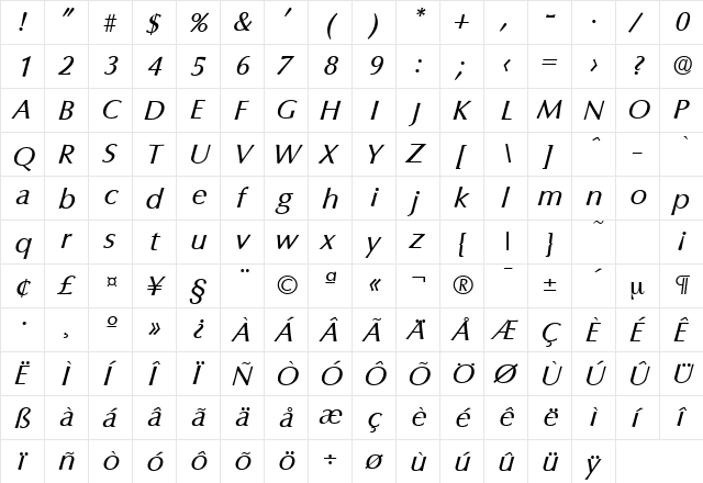 Columbia-Serial RegularItalic  glyph index