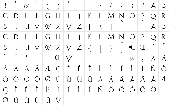 LaurinText Regular  glyph index