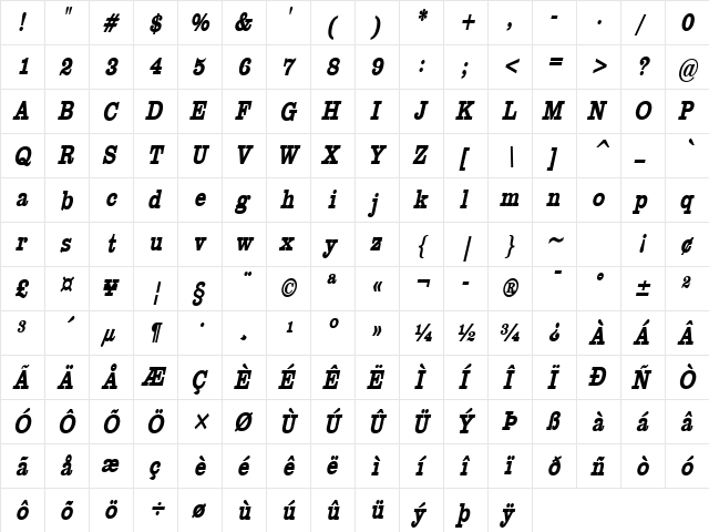 Clare-Condensed Bold Italic  glyph index