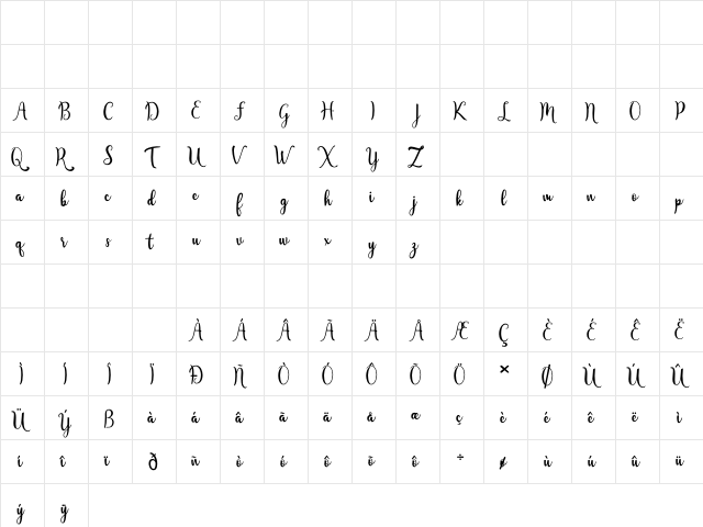 Javinka Script Regular  glyph index