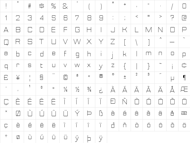 Nesobrite Light  glyph index