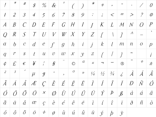 Felina SerifLight Italic Regular  glyph index