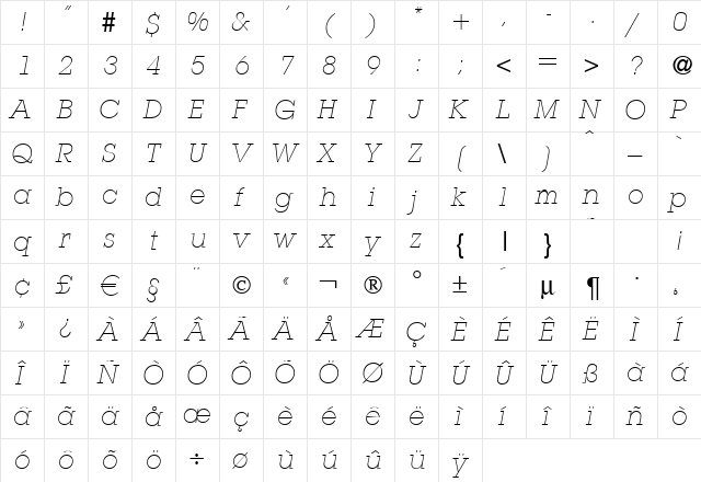 L850-Slab-Light Italic  glyph index