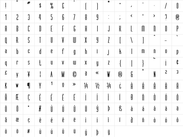 VertigoFLF Bold  glyph index