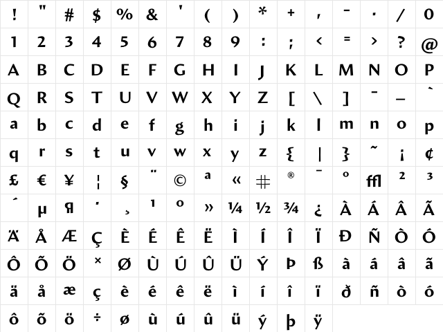 Amira Bold  glyph index