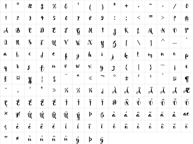 Beverly Regular  glyph index