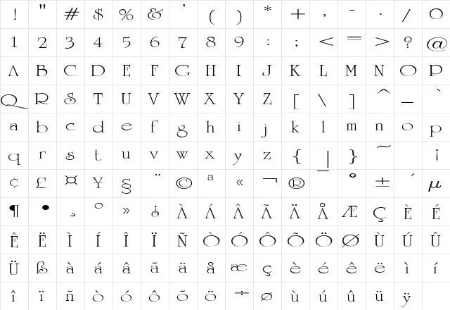UniversityOrnateExtended Regular  glyph index