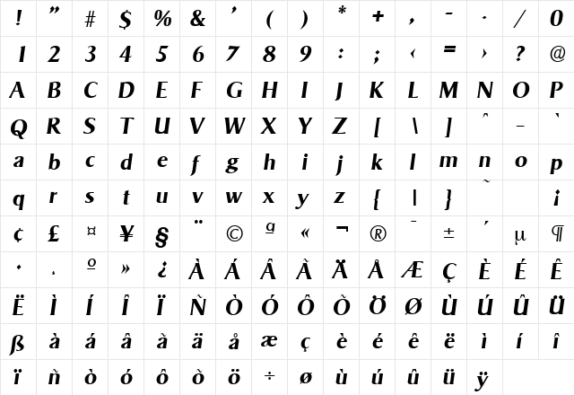 Sigvar-Serial BoldItalic  glyph index