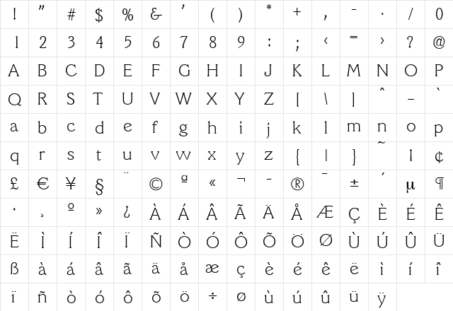 LeroyBecker-ExtraLight Regular  glyph index