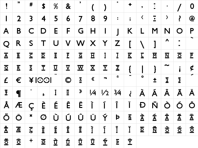 Underground NF Regular  glyph index