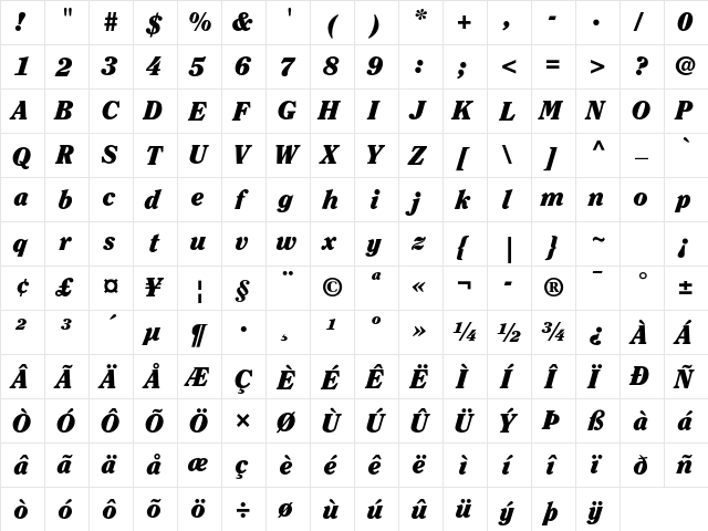 ITC Clearface Std Black Italic  glyph index