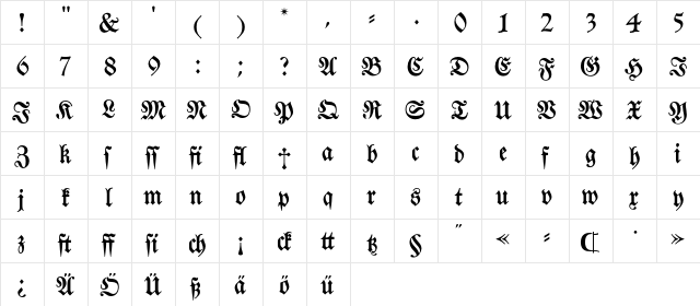 Fraktura Regular  glyph index