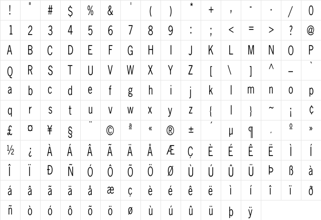 NewsGothic Cn Regular  glyph index