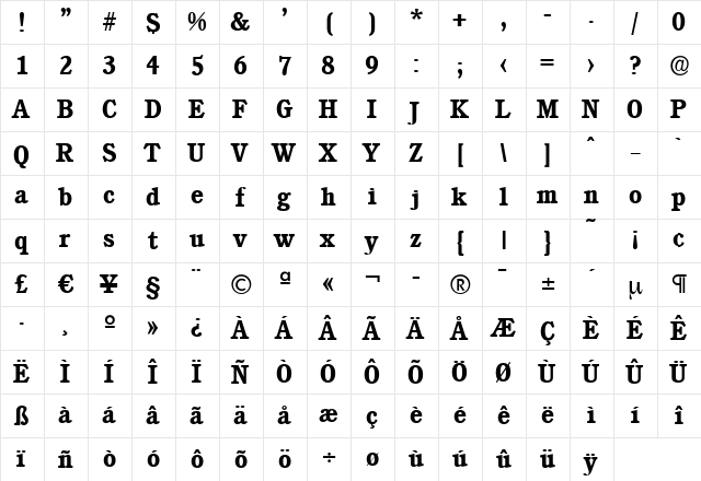 DanielBecker Bold  glyph index