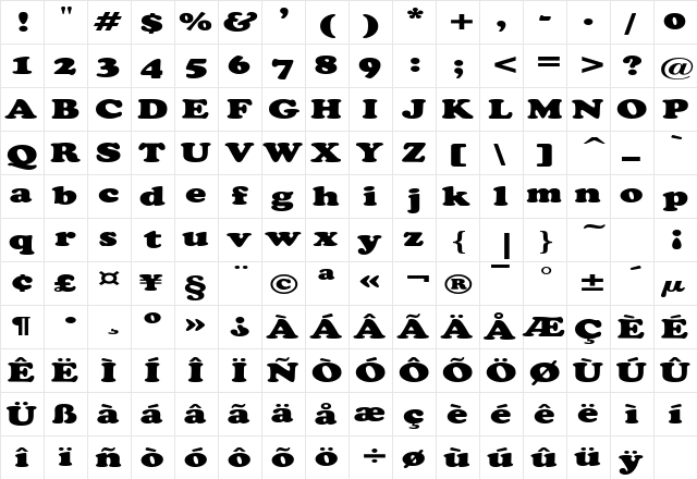 CopperfieldExtended Regular  glyph index
