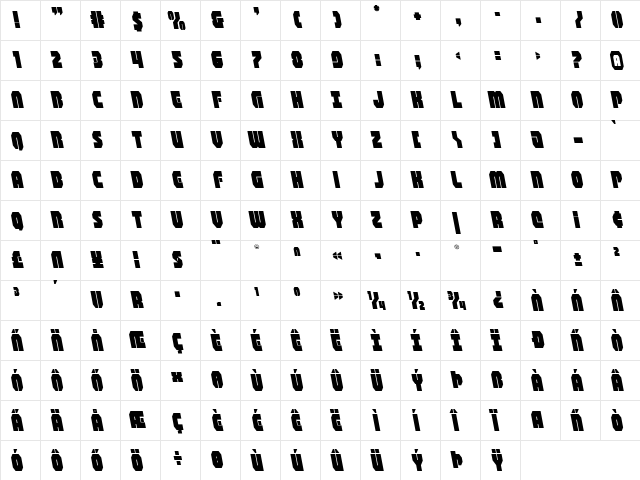 Shogunate Leftalic Italic  glyph index