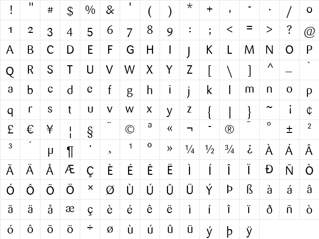 Sari Regular  glyph index