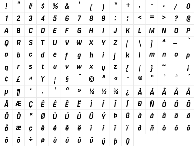 Milibus Rg Bold Italic  glyph index