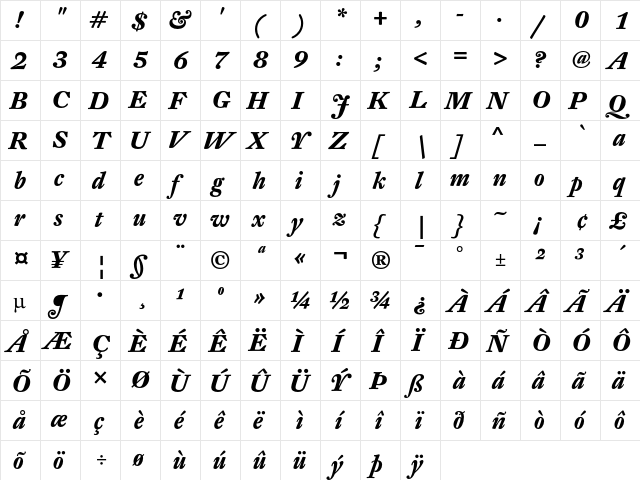 DTL Fleischmann T Bold Italic  glyph index