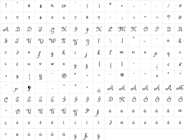 Merveille Regular  glyph index