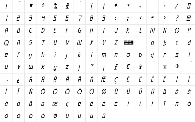 Eden Mills Italic  glyph index