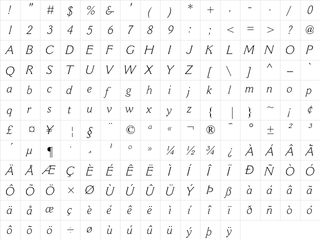 Cantoria MT Light Italic  glyph index