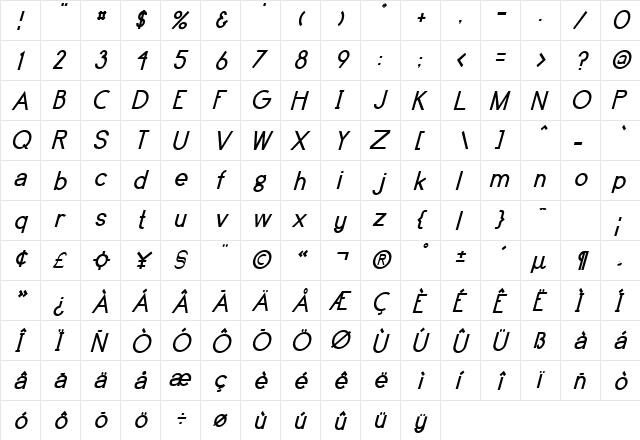 Brassfield Italic  glyph index
