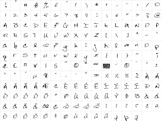 JuliesHand Regular  glyph index