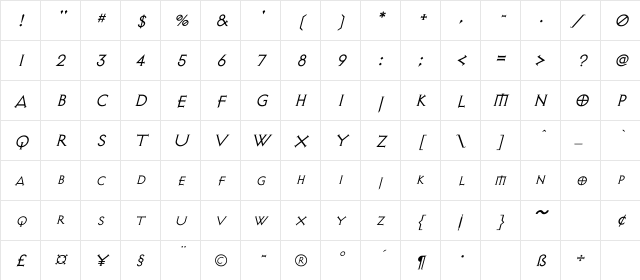 Avalon Quest Italic  glyph index