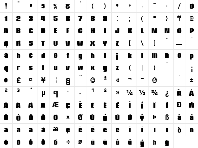 GraphicShoesText113 Regular  glyph index