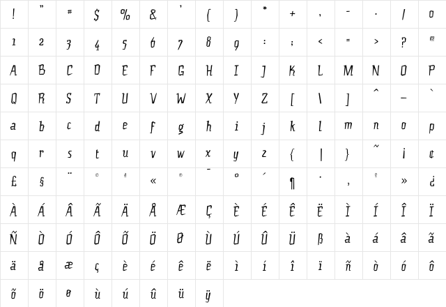 JacqueSlim Regular  glyph index
