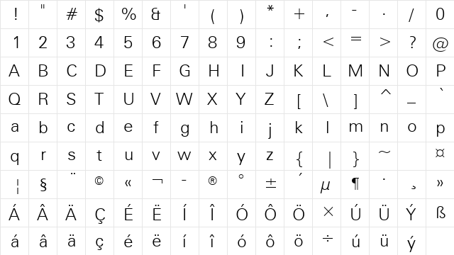 Zurich Lt L2 Light  glyph index