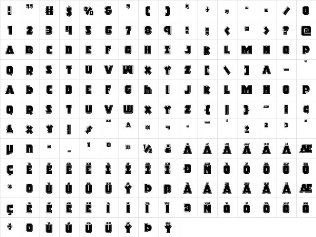 Racket Squad Bevel Regular  glyph index
