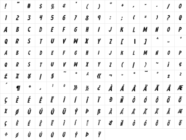 Earth's Mightiest Bevel Italic Italic  glyph index