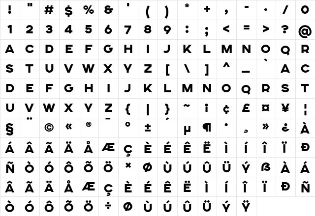 SONGER SemiExpanded Heavy  glyph index