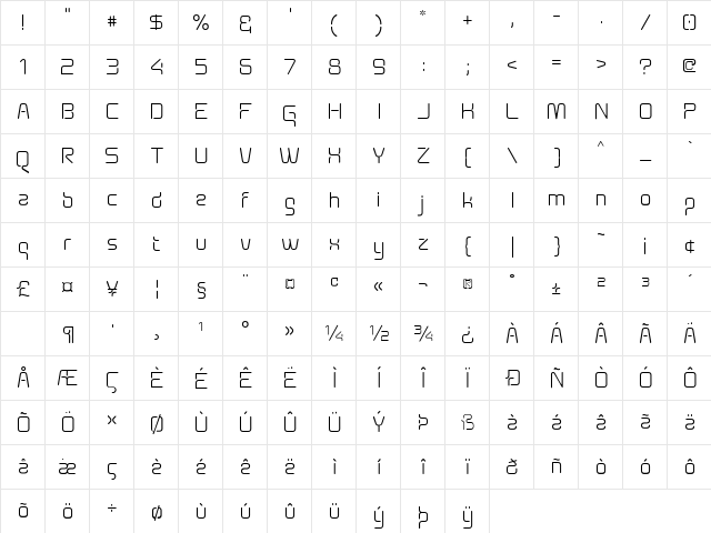 AunchantedXspace Regular  glyph index