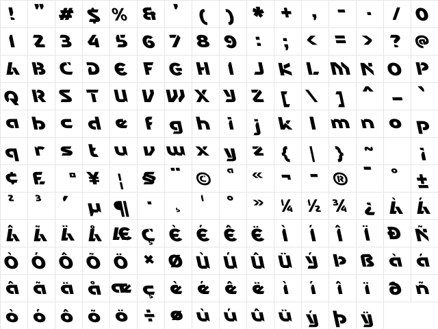 Robotic Cyborg Back Italic Regular  glyph index