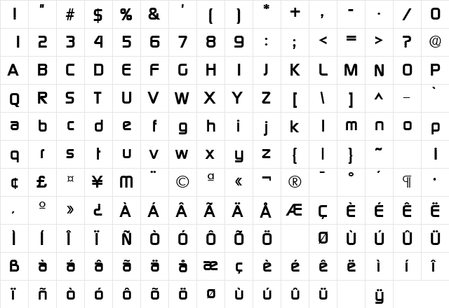 Digital Bold  glyph index